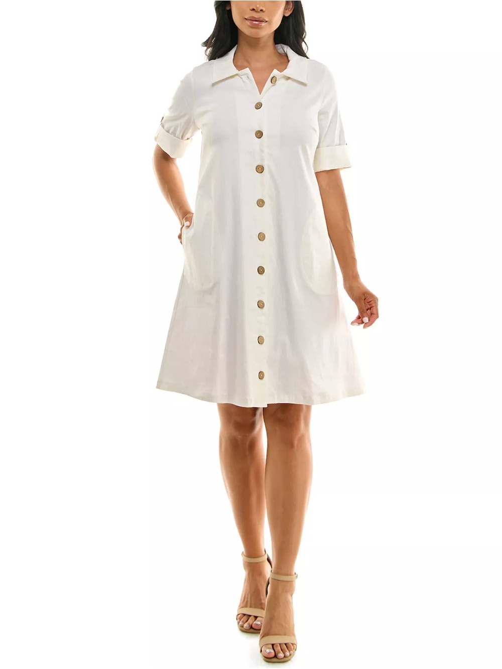 Nina Leonard White Button-Front Shirt Dress